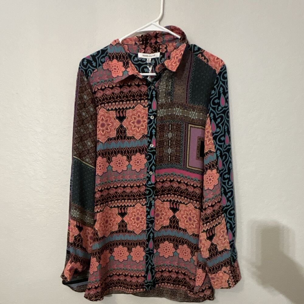 ROSE+OLIVE Women’s Multicolor Paisley Woven Collared Button-Up Blouse XL